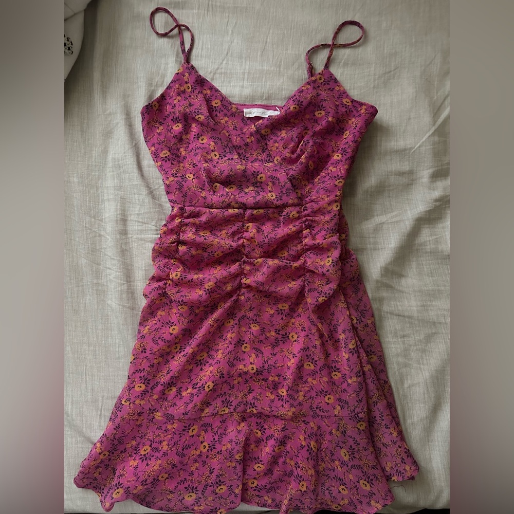 All in Favor pink floral ruched dress. Size XS.